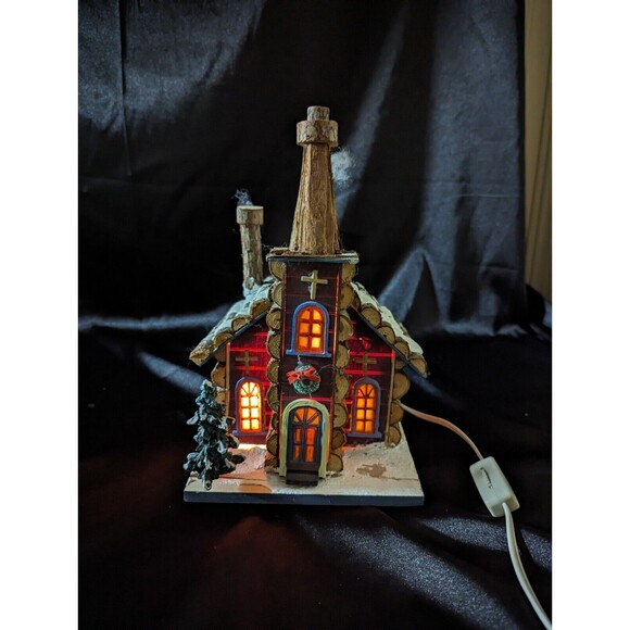 Rustic Log Cabin Lighted Chapel Pines Snow 9”. Corded Light. READ. - Picture 1 of 10